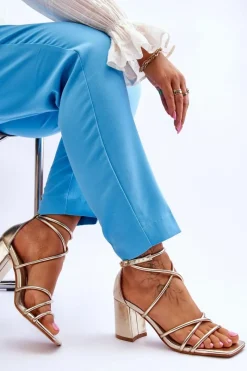 Sale Skórzane Modne Damskie Sandały Na Obcasie Złote Primma Damskie Sandały Na Obcasie