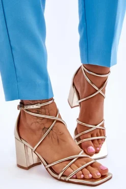 Sale Skórzane Modne Damskie Sandały Na Obcasie Złote Primma Damskie Sandały Na Obcasie