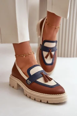 New Laura Messi Skórzane Mokasyny Damskie Brązowe 2835