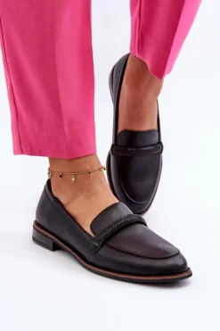 New Buty Sergio Leone Skórzane Mokasyny Damskie Z Ozdobnym Paseczkiem Czarne Saosin