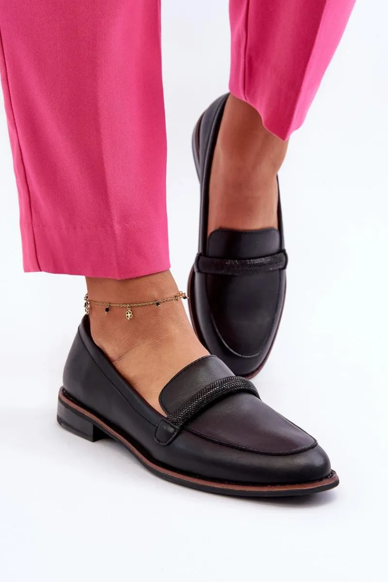 New Buty Sergio Leone Skórzane Mokasyny Damskie Z Ozdobnym Paseczkiem Czarne Saosin