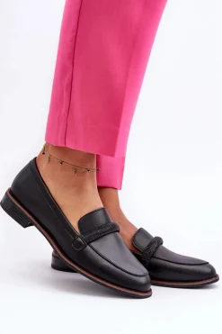 New Buty Sergio Leone Skórzane Mokasyny Damskie Z Ozdobnym Paseczkiem Czarne Saosin