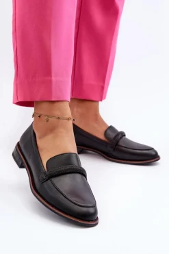 New Buty Sergio Leone Skórzane Mokasyny Damskie Z Ozdobnym Paseczkiem Czarne Saosin