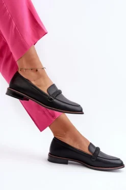 New Buty Sergio Leone Skórzane Mokasyny Damskie Z Ozdobnym Paseczkiem Czarne Saosin