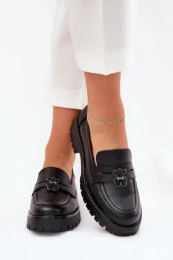 Sale Skórzane Mokasyny Damskie Z Przypinką Miś Vinceza 18109 Czarne Damskie Loafersy Damskie|Mokasyny Płaskie