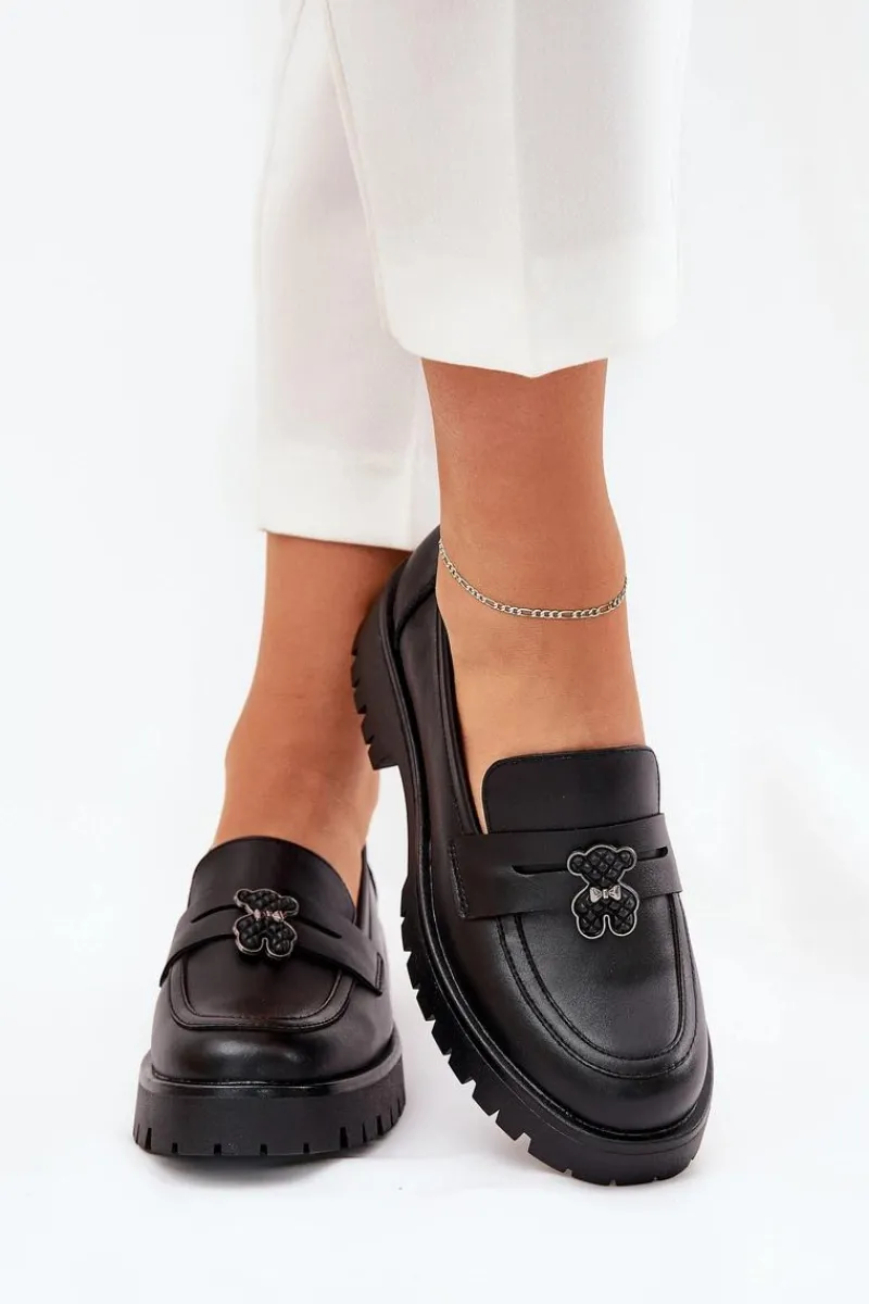 Sale Skórzane Mokasyny Damskie Z Przypinką Miś Vinceza 18109 Czarne Damskie Loafersy Damskie|Mokasyny Płaskie