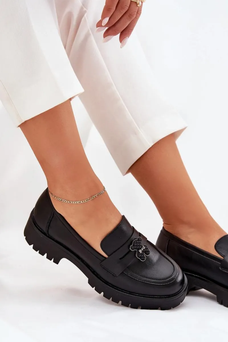 Sale Skórzane Mokasyny Damskie Z Przypinką Miś Vinceza 18109 Czarne Damskie Loafersy Damskie|Mokasyny Płaskie