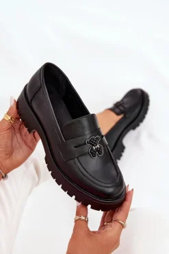 Sale Skórzane Mokasyny Damskie Z Przypinką Miś Vinceza 18109 Czarne Damskie Loafersy Damskie|Mokasyny Płaskie