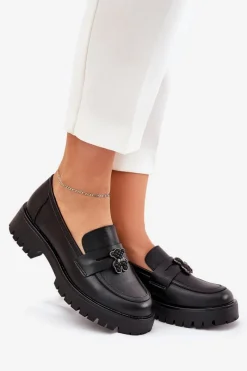 Sale Skórzane Mokasyny Damskie Z Przypinką Miś Vinceza 18109 Czarne Damskie Loafersy Damskie|Mokasyny Płaskie