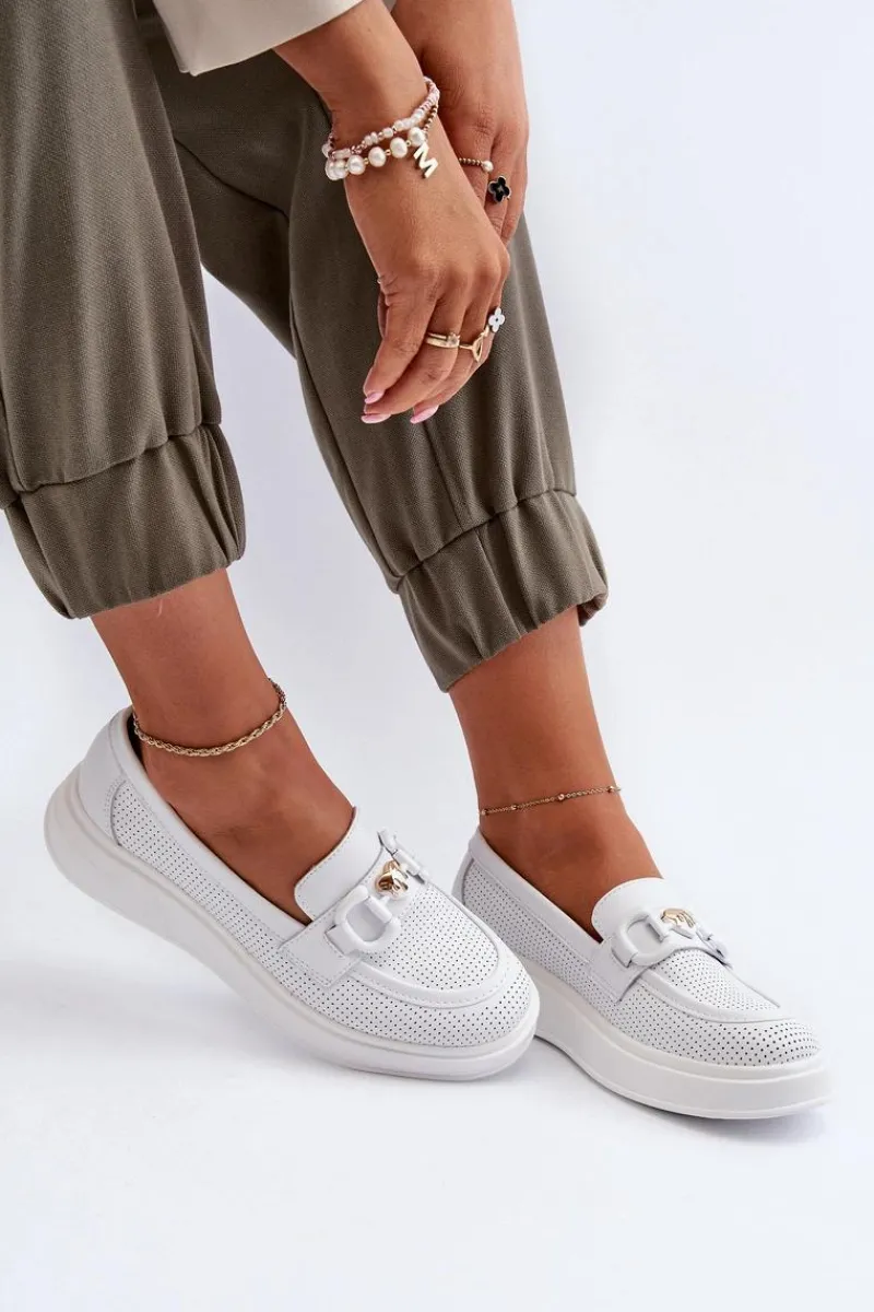 Loafersy Damskie|Mokasyny Damskie Skórzane>Damskie buty S.Barski Skórzane Mokasyny Damskie Na Platformie Białe S.Barski LR720 Biały