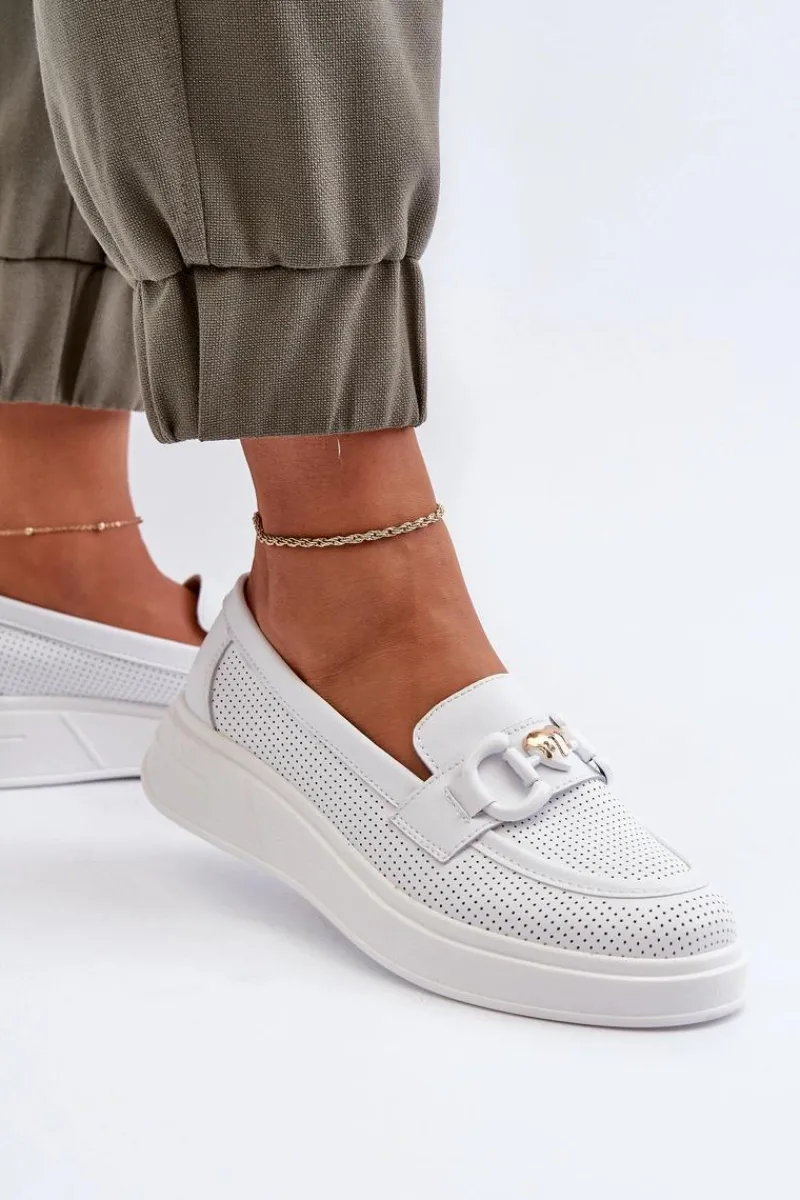 Loafersy Damskie|Mokasyny Damskie Skórzane>Damskie buty S.Barski Skórzane Mokasyny Damskie Na Platformie Białe S.Barski LR720 Biały