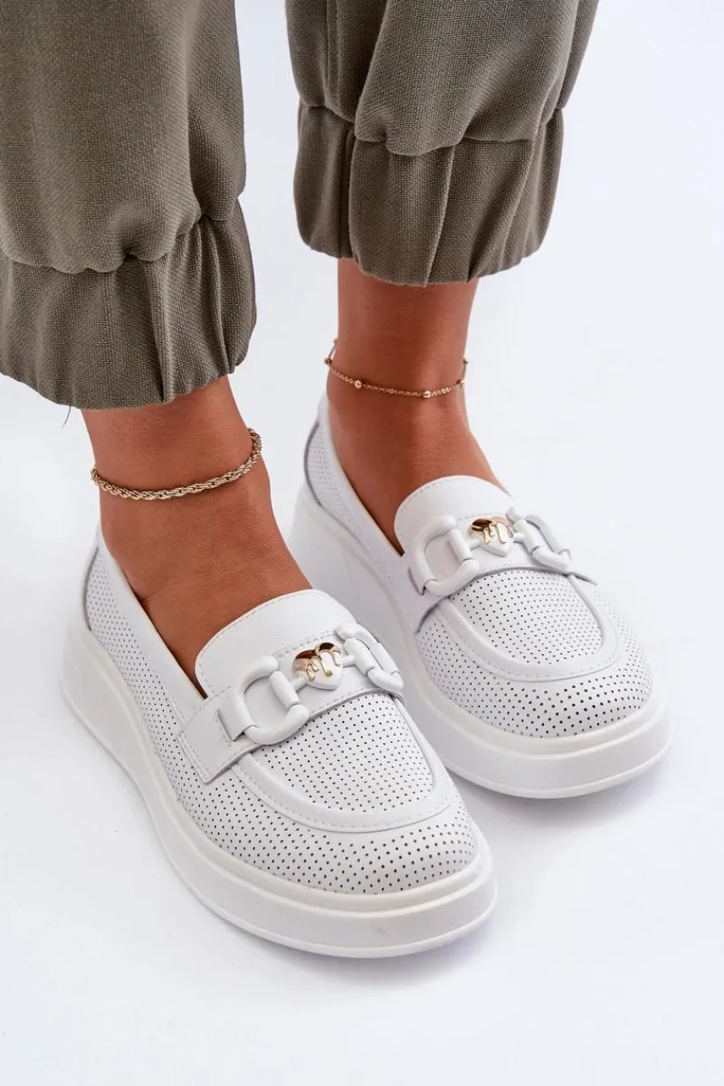 Loafersy Damskie|Mokasyny Damskie Skórzane>Damskie buty S.Barski Skórzane Mokasyny Damskie Na Platformie Białe S.Barski LR720 Biały