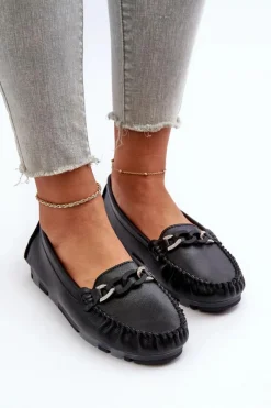 Loafersy Damskie|Mokasyny Damskie Skórzane></noscript>Damskie buty S.Barski Skórzane Mokasyny Damskie Z Ozdobą Czarne S.Barski LR339 Czarny