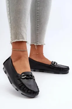 Loafersy Damskie|Mokasyny Damskie Skórzane></noscript>Damskie buty S.Barski Skórzane Mokasyny Damskie Z Ozdobą Czarne S.Barski LR339 Czarny