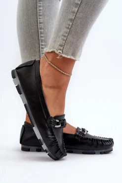 Loafersy Damskie|Mokasyny Damskie Skórzane></noscript>Damskie buty S.Barski Skórzane Mokasyny Damskie Z Ozdobą Czarne S.Barski LR339 Czarny