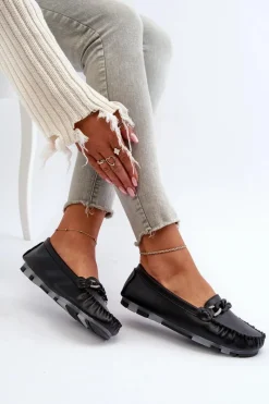 Loafersy Damskie|Mokasyny Damskie Skórzane></noscript>Damskie buty S.Barski Skórzane Mokasyny Damskie Z Ozdobą Czarne S.Barski LR339 Czarny