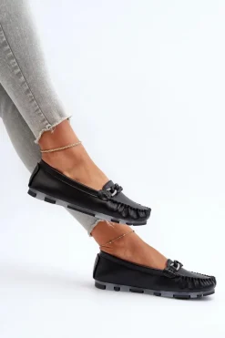 Loafersy Damskie|Mokasyny Damskie Skórzane></noscript>Damskie buty S.Barski Skórzane Mokasyny Damskie Z Ozdobą Czarne S.Barski LR339 Czarny