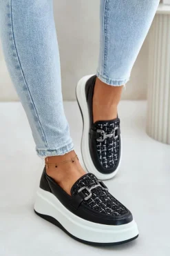 Loafersy Damskie>Buty damskie Vinceza Skórzane Mokasyny Damskie Na Platformie Z Ozdobą Vinceza 89105 Czarne Czarny