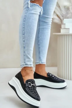 Loafersy Damskie>Buty damskie Vinceza Skórzane Mokasyny Damskie Na Platformie Z Ozdobą Vinceza 89105 Czarne Czarny