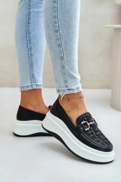 Loafersy Damskie></noscript>Buty damskie Vinceza Skórzane Mokasyny Damskie Na Platformie Z Ozdobą Vinceza 89105 Czarne Czarny