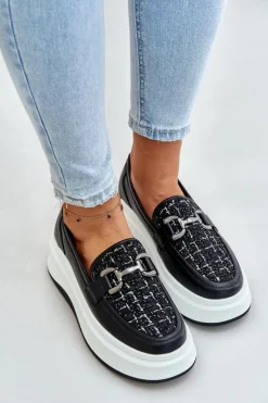 Loafersy Damskie></noscript>Buty damskie Vinceza Skórzane Mokasyny Damskie Na Platformie Z Ozdobą Vinceza 89105 Czarne Czarny