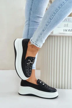 Loafersy Damskie></noscript>Buty damskie Vinceza Skórzane Mokasyny Damskie Na Platformie Z Ozdobą Vinceza 89105 Czarne Czarny