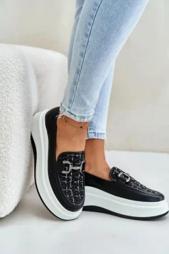 Loafersy Damskie></noscript>Buty damskie Vinceza Skórzane Mokasyny Damskie Na Platformie Z Ozdobą Vinceza 89105 Czarne Czarny