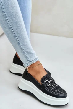 Loafersy Damskie></noscript>Buty damskie Vinceza Skórzane Mokasyny Damskie Na Platformie Z Ozdobą Vinceza 89105 Czarne Czarny