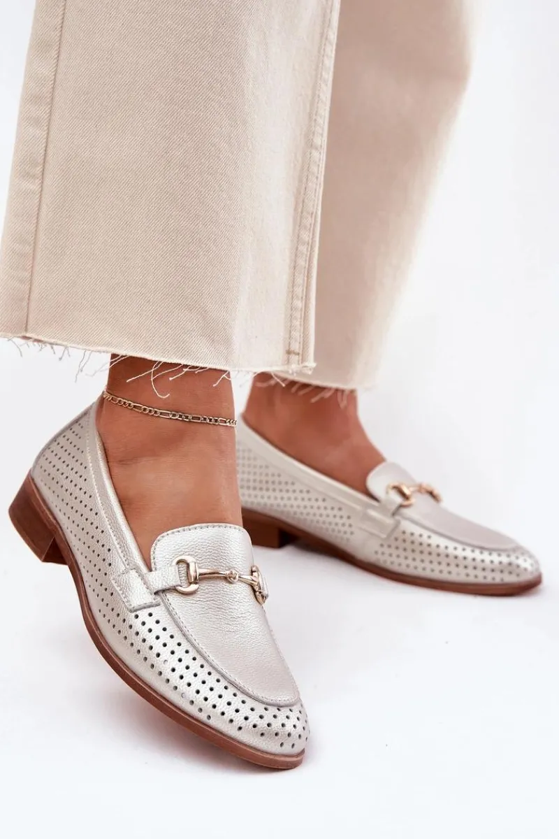 Discount Skórzane Mokasyny Damskie Z Ozdobą Na Płaskim Obcasie S.Barski LR51-594 Srebrne Damskie Mokasyny Płaskie|Mokasyny Damskie Skórzane