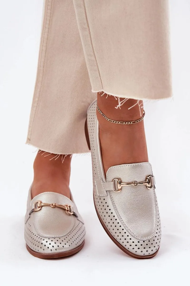 Discount Skórzane Mokasyny Damskie Z Ozdobą Na Płaskim Obcasie S.Barski LR51-594 Srebrne Damskie Mokasyny Płaskie|Mokasyny Damskie Skórzane