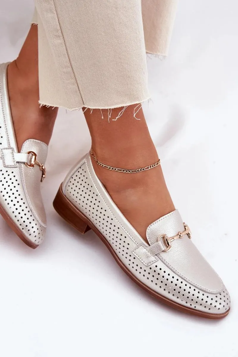 Discount Skórzane Mokasyny Damskie Z Ozdobą Na Płaskim Obcasie S.Barski LR51-594 Srebrne Damskie Mokasyny Płaskie|Mokasyny Damskie Skórzane