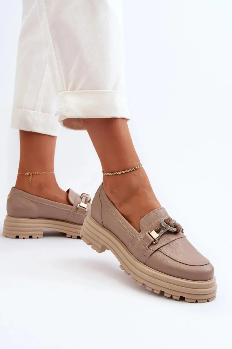 Best Laura Messi Skórzane Mokasyny Damskie Z Ozdobą 2780 Ciemnobeżowe Beżowy