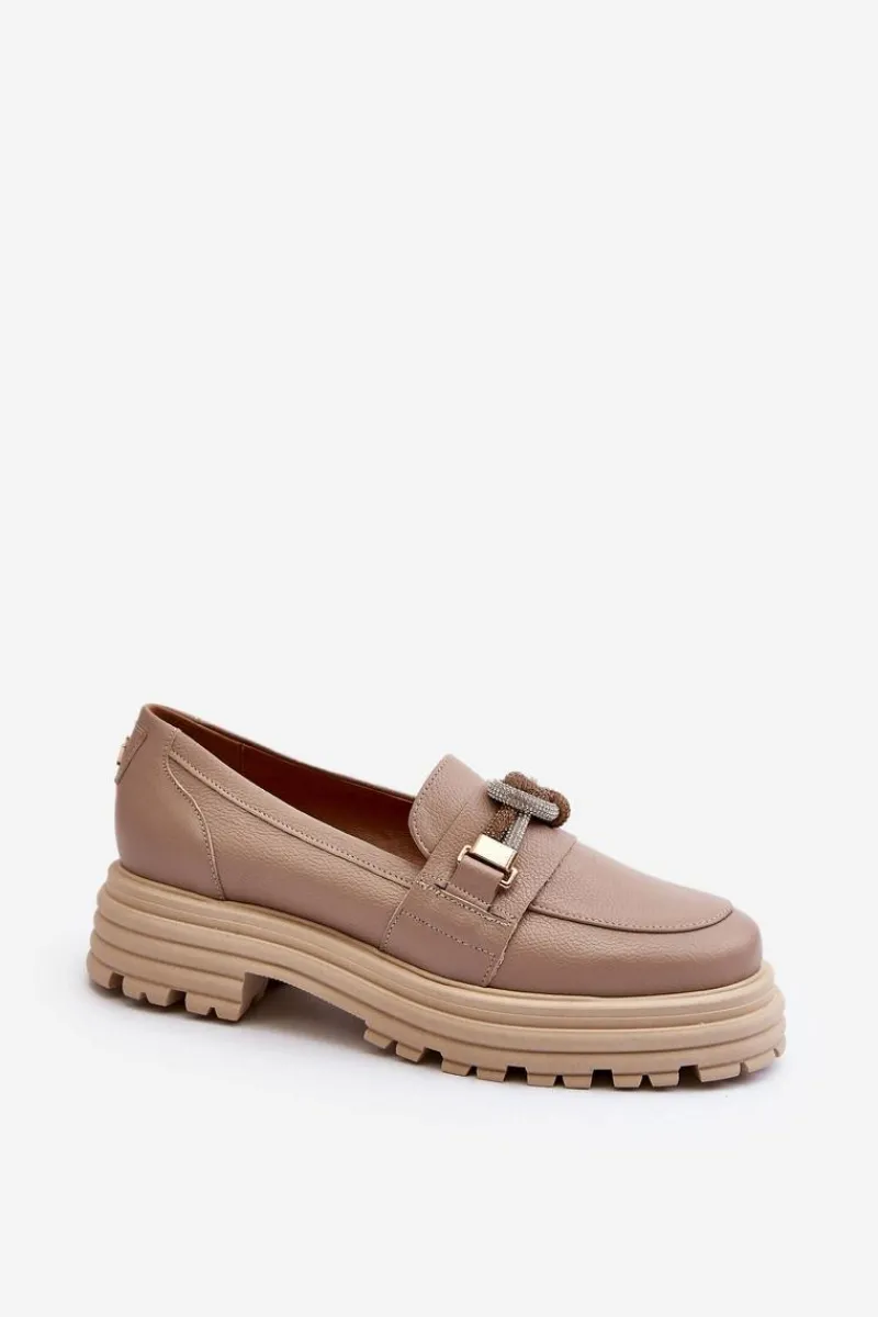 Best Laura Messi Skórzane Mokasyny Damskie Z Ozdobą 2780 Ciemnobeżowe Beżowy