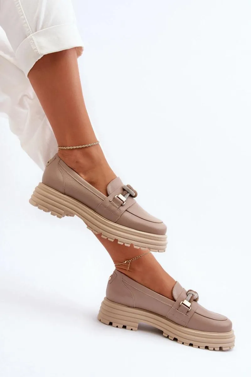 Best Laura Messi Skórzane Mokasyny Damskie Z Ozdobą 2780 Ciemnobeżowe Beżowy