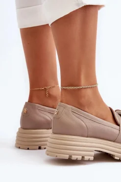 Best Laura Messi Skórzane Mokasyny Damskie Z Ozdobą 2780 Ciemnobeżowe Beżowy