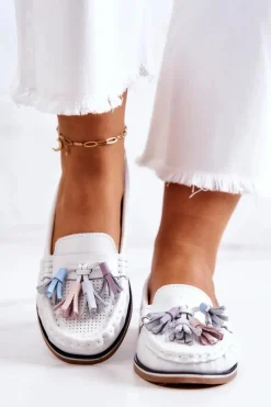 Evento Skórzane Mokasyny Damskie Z Frędzlami Białe Laressa