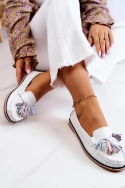 Evento Skórzane Mokasyny Damskie Z Frędzlami Białe Laressa