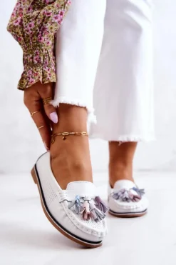 Evento Skórzane Mokasyny Damskie Z Frędzlami Białe Laressa