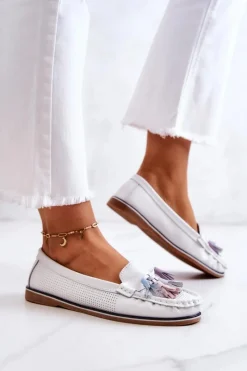 Evento Skórzane Mokasyny Damskie Z Frędzlami Białe Laressa