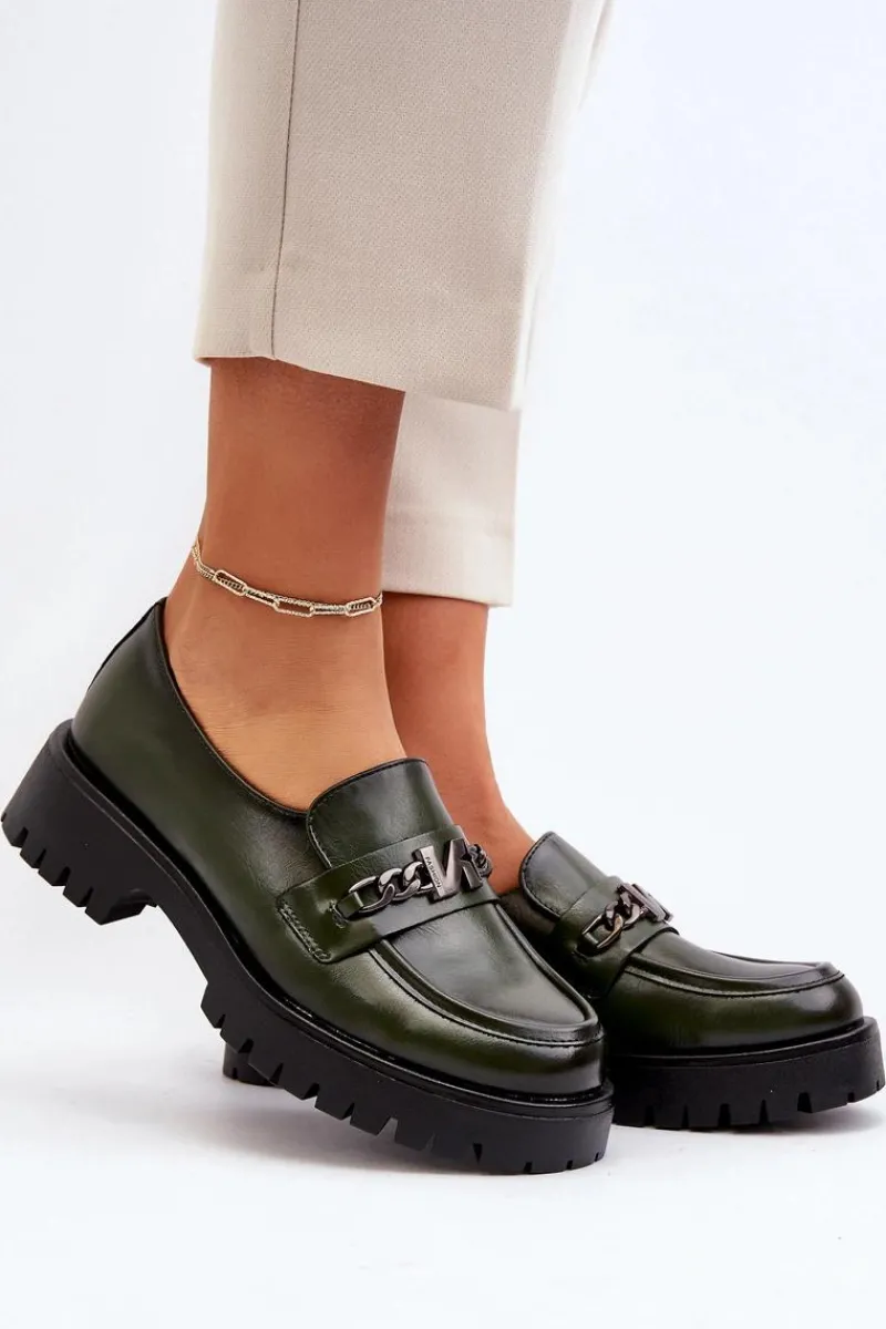 Loafersy Damskie|Mokasyny Płaskie>Buty damskie Vinceza Skórzane Mokasyny Damskie Z Ozdobą Ciemnozielone Loraleima