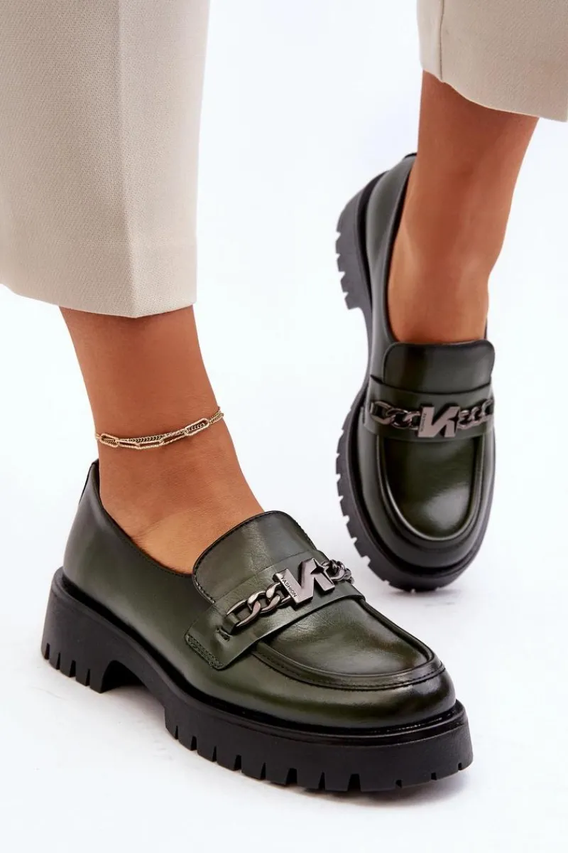 Loafersy Damskie|Mokasyny Płaskie>Buty damskie Vinceza Skórzane Mokasyny Damskie Z Ozdobą Ciemnozielone Loraleima