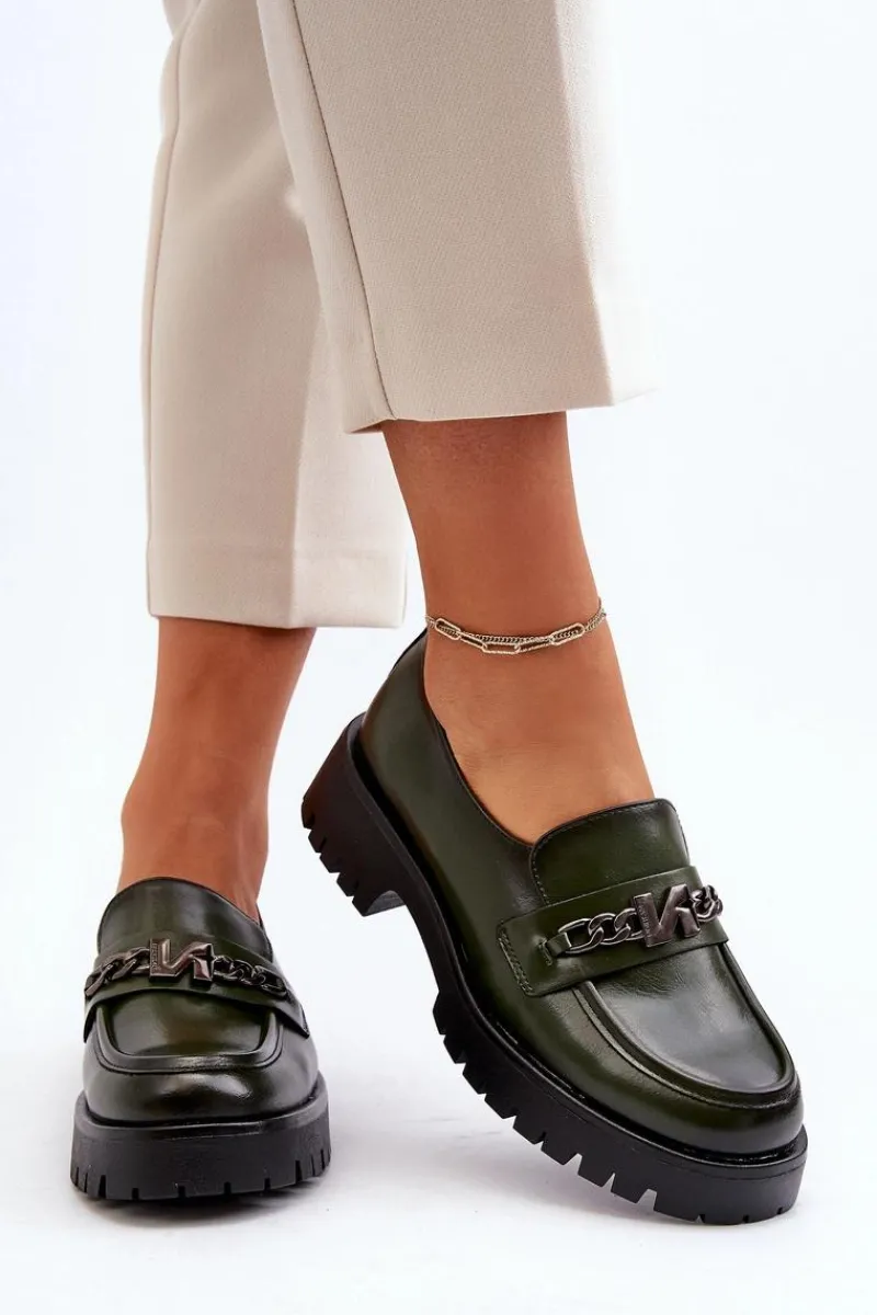 Loafersy Damskie|Mokasyny Płaskie>Buty damskie Vinceza Skórzane Mokasyny Damskie Z Ozdobą Ciemnozielone Loraleima