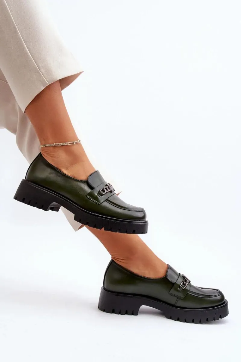 Loafersy Damskie|Mokasyny Płaskie>Buty damskie Vinceza Skórzane Mokasyny Damskie Z Ozdobą Ciemnozielone Loraleima