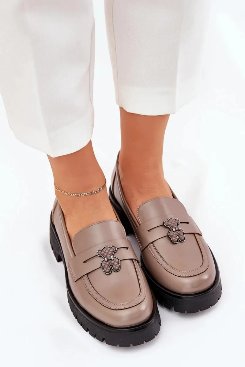 Hot Buty damskie Vinceza Skórzane Mokasyny Damskie Z Przypinką Miś Vinceza 18109 Beżowe Beżowy