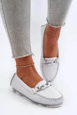 Clearance Damskie buty S.Barski Skórzane Mokasyny Damskie Z Ozdobą Białe S.Barski LR339 Biały