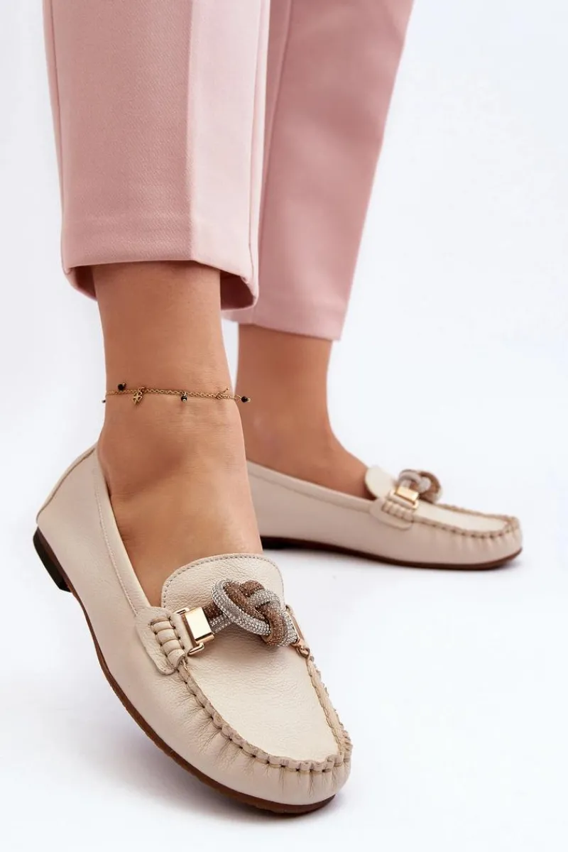 Hot Laura Messi Skórzane Mokasyny Damskie Z Ozdobą 2761 Jasnobeżowe Beżowy