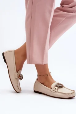 Hot Laura Messi Skórzane Mokasyny Damskie Z Ozdobą 2761 Jasnobeżowe Beżowy