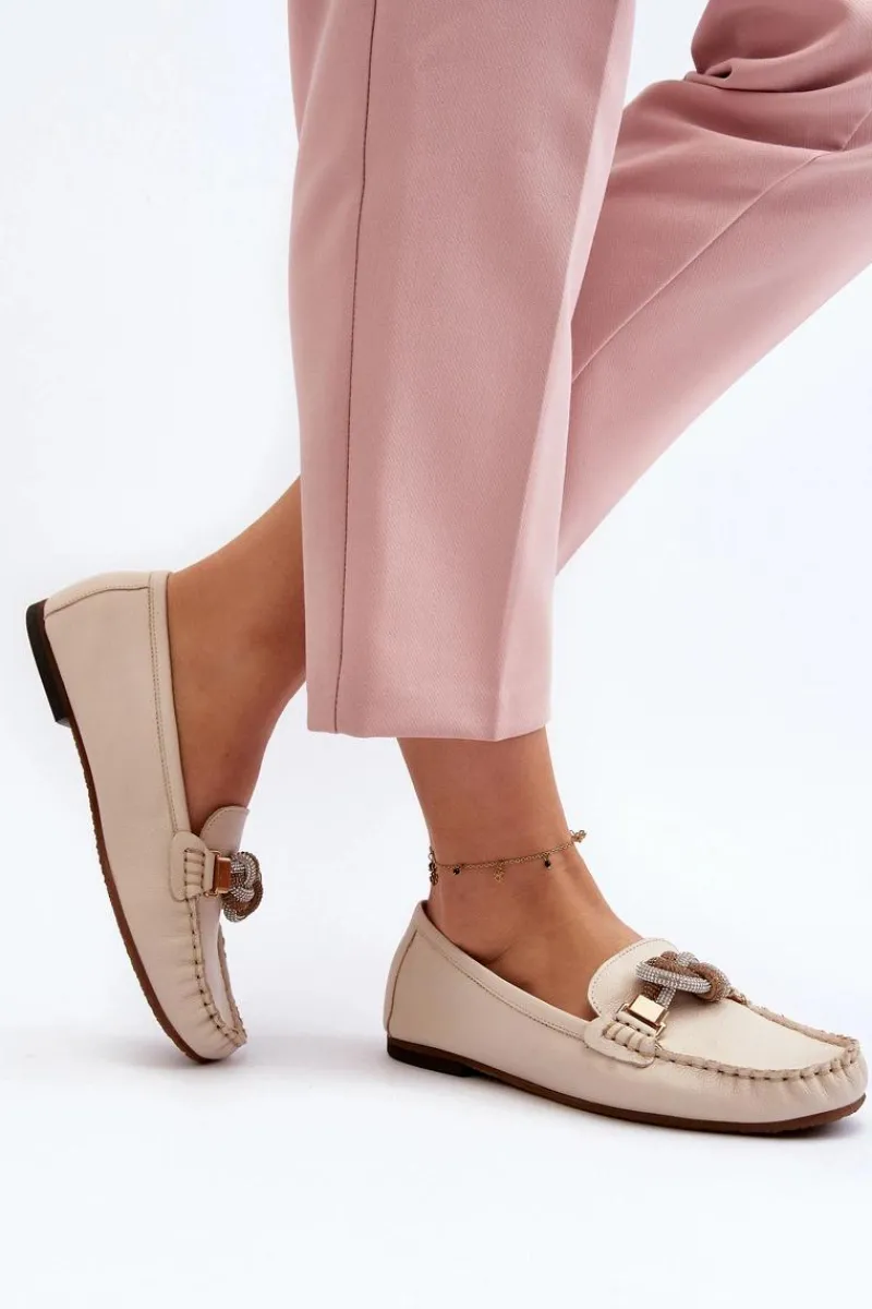 Hot Laura Messi Skórzane Mokasyny Damskie Z Ozdobą 2761 Jasnobeżowe Beżowy