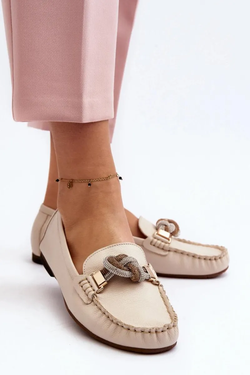 Hot Laura Messi Skórzane Mokasyny Damskie Z Ozdobą 2761 Jasnobeżowe Beżowy