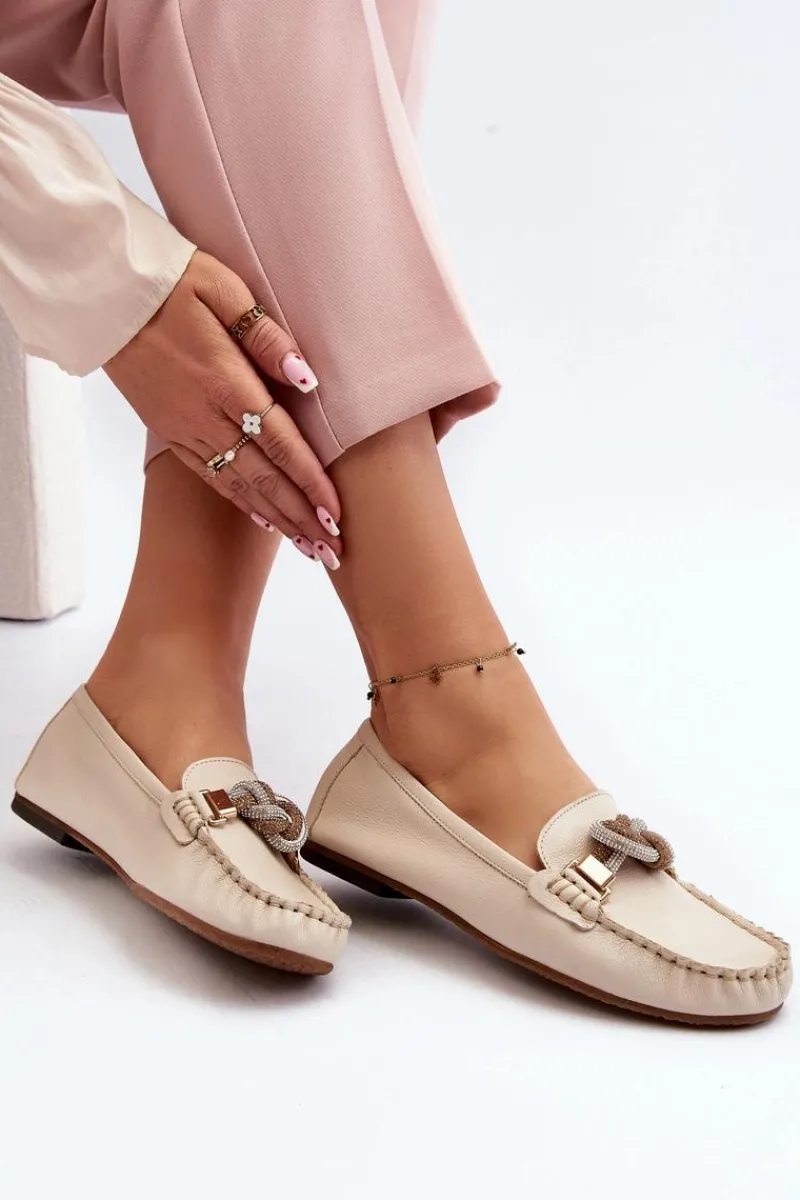 Hot Laura Messi Skórzane Mokasyny Damskie Z Ozdobą 2761 Jasnobeżowe Beżowy